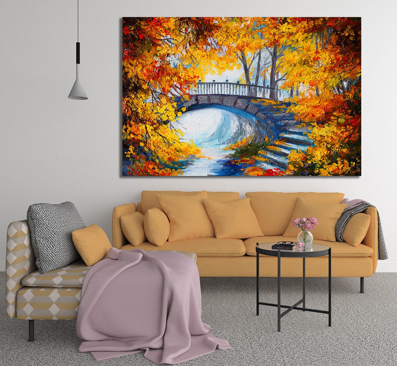Autumn Forest Bridge Canvas Print Wall Art