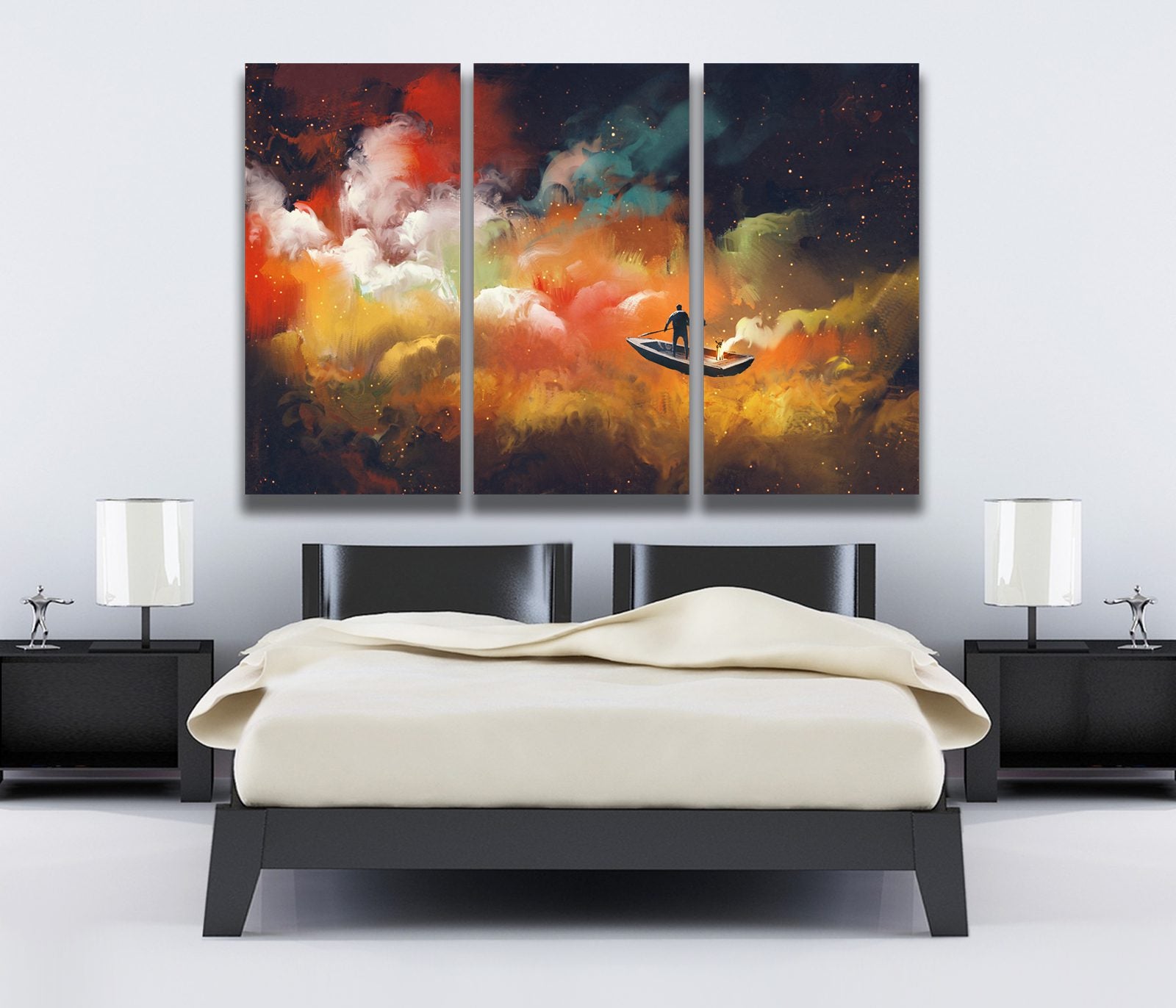 Man On A Boat Colourful Galaxy Colourful Cloud Canvas Print