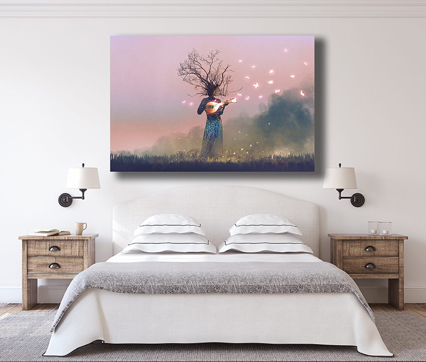 Dreamy Ukulele Banjo Tree Guitar Man Night Dark Pink Canvas Wall Art