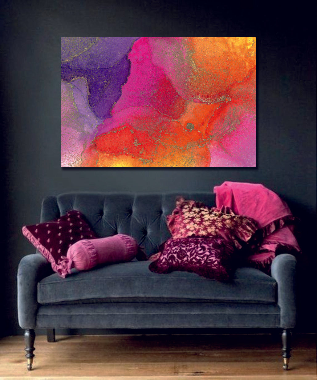Ink Abstract Purple Pink Orange Gold Canvas Print Wall Art