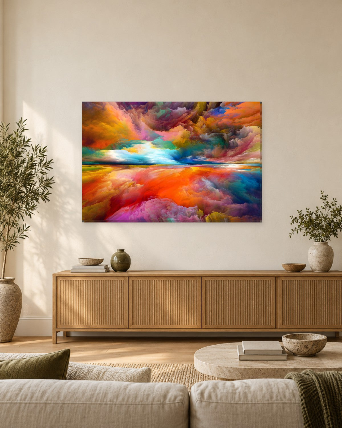 Sunset cloud abstract canvas hung above a sofa