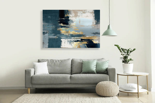 Blue grey cream and gold abstract brushstroke canvas in a modern living room