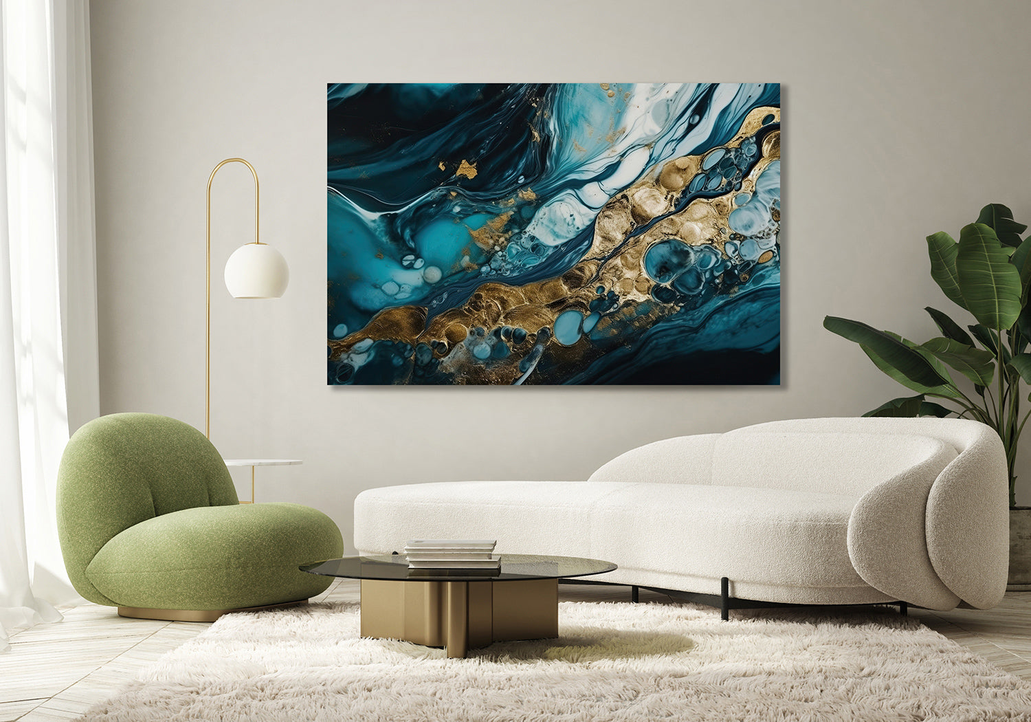 Mixed blue and white paint with the addition of gold powder, Canvas