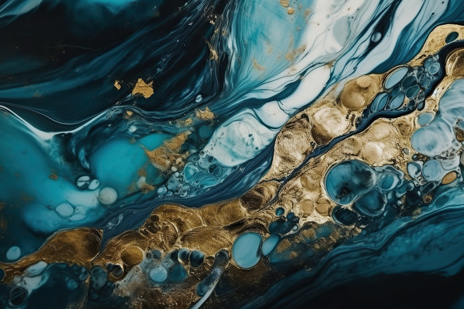 Mixed blue and white paint with the addition of gold powder, Canvas