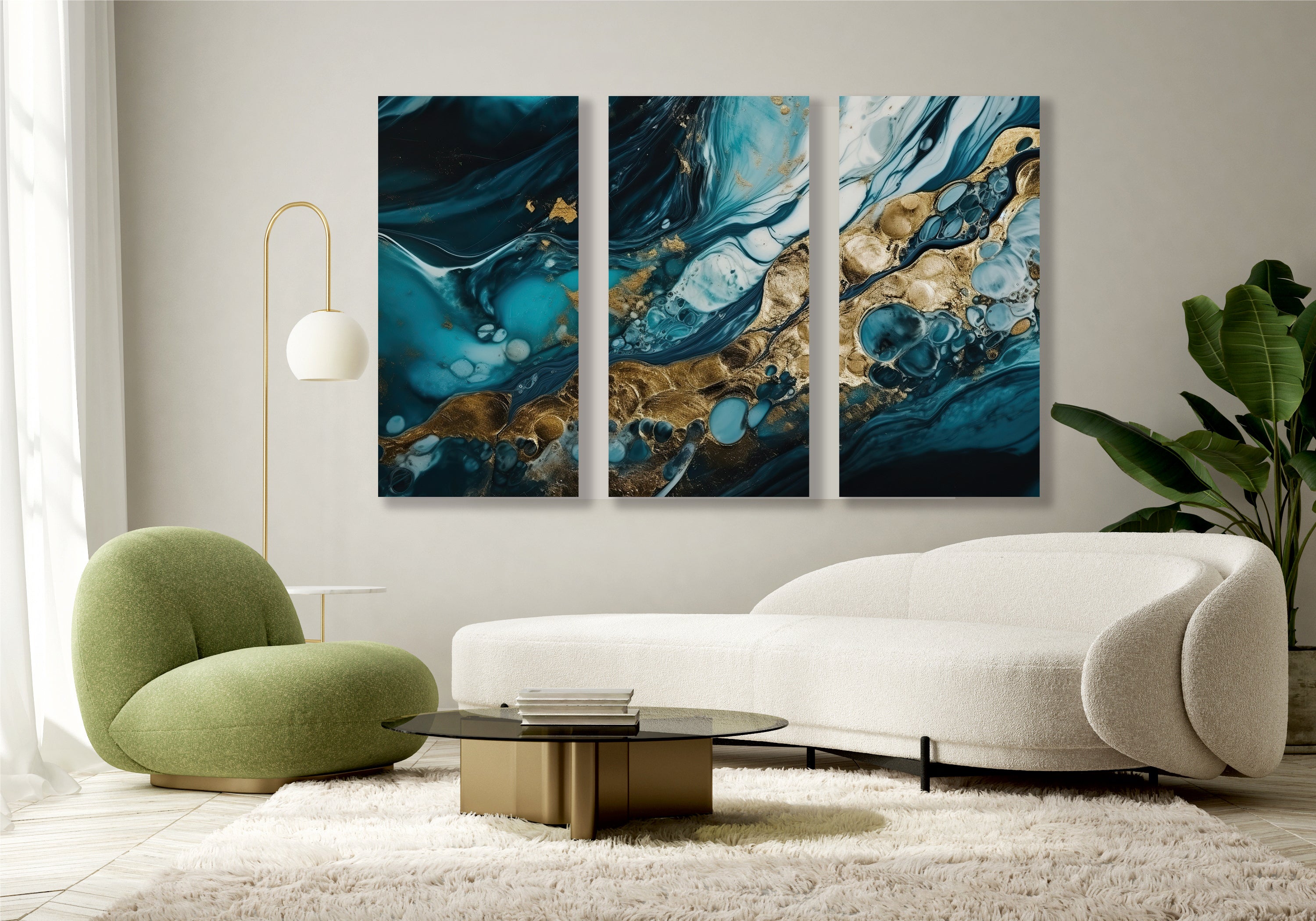 Mixed blue and white paint with the addition of gold powder, Canvas