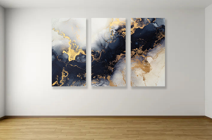 Mixed black and white paint with the addition of gold powder, Canvas