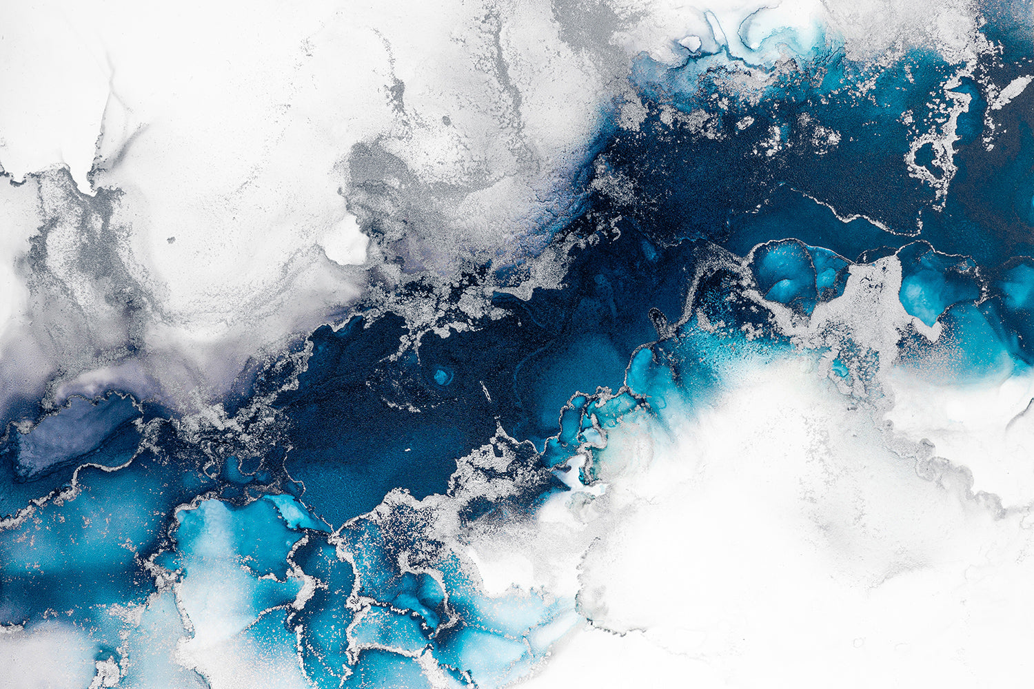 blue and white paint with the addition of silver powder, Canvas