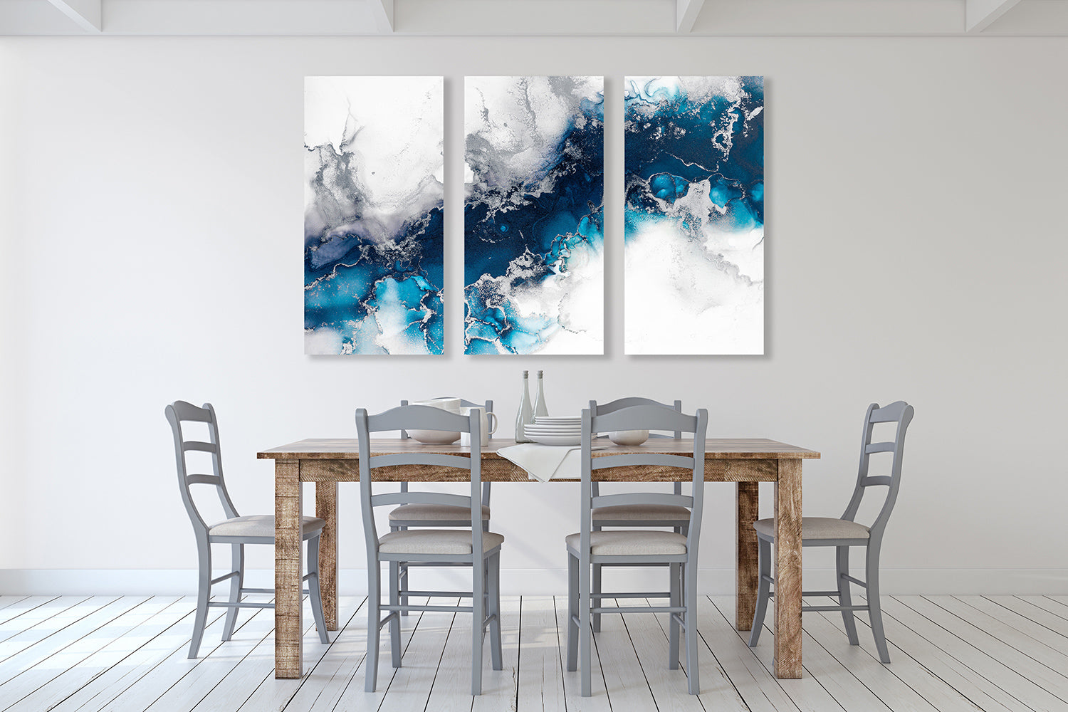 blue and white paint with the addition of silver powder, Canvas