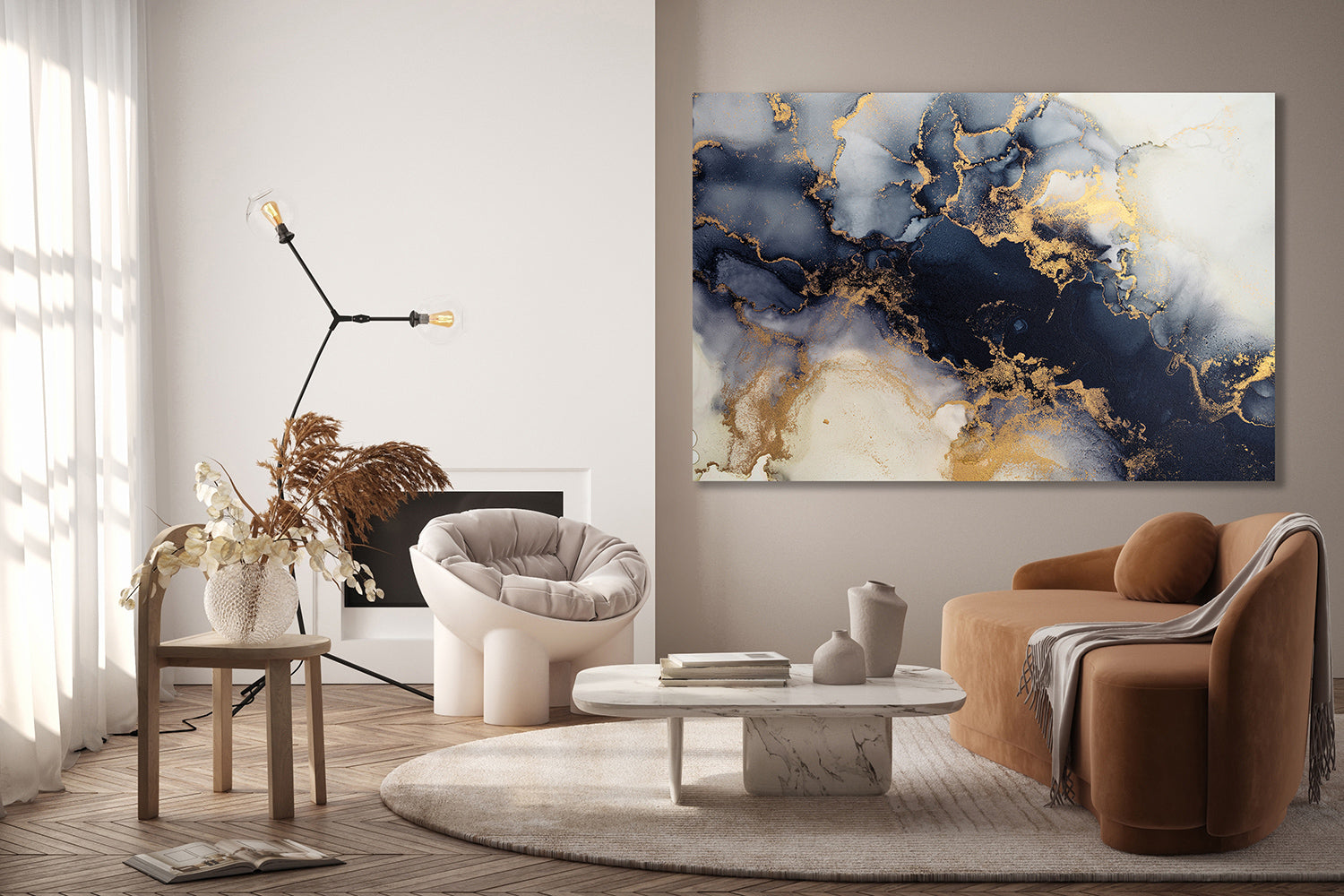 Marble ink abstract art, black and white paint with the addition of gold powder, Canvas Print