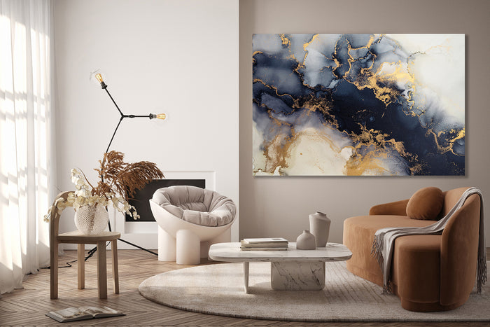 Marble ink abstract art, black and white paint with the addition of gold powder, Canvas Print