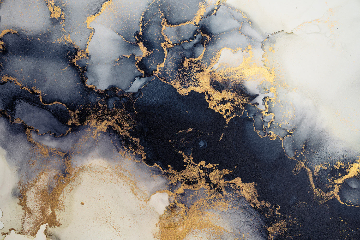 Marble ink abstract art, black and white paint with the addition of gold powder, Canvas Print