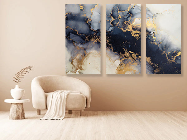 Marble ink abstract art, black and white paint with the addition of gold powder, Canvas Print