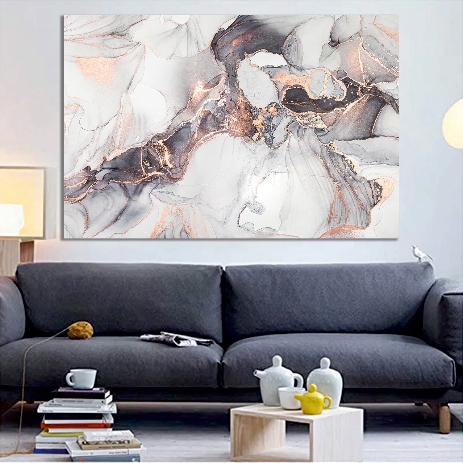 Mixture of black, gray and gold paints. Imitation of marble stone cut, glowing golden veins, Tender and dreamy design,, Canvas Print