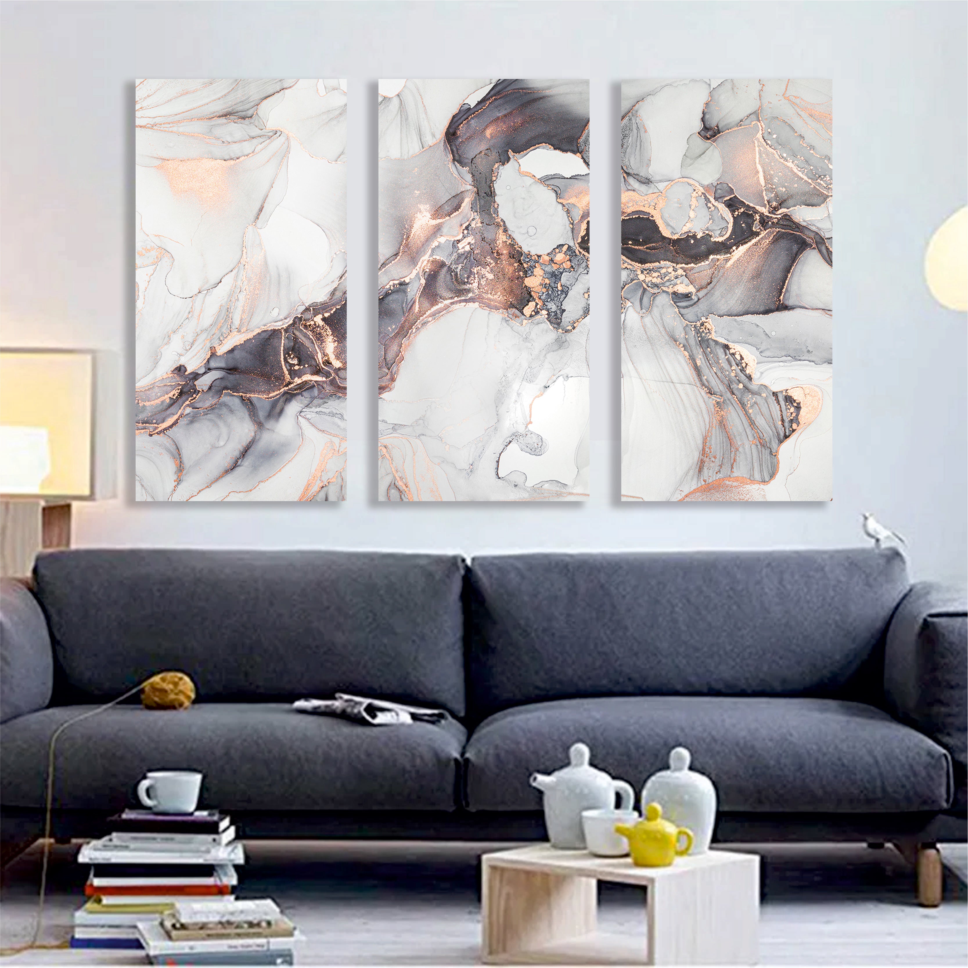 Mixture of black, gray and gold paints. Imitation of marble stone cut, glowing golden veins, Tender and dreamy design,, Canvas Print