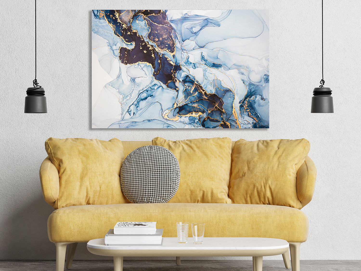 Mixture of dark blue, gray and gold paints, Imitation of marble stone cut, glowing golden veins, Tender and dreamy design,, Canvas Print