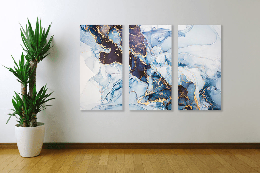 Mixture of dark blue, gray and gold paints, Imitation of marble stone cut, glowing golden veins, Tender and dreamy design,, Canvas Print