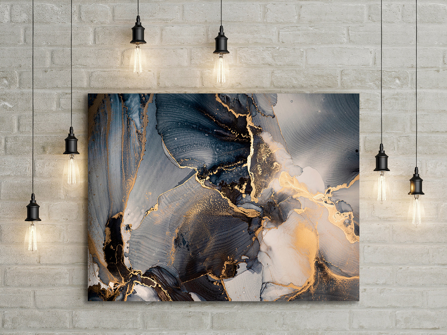 Mixture of dark blue, gray and gold paints, Imitation of marble stone cut, glowing golden veins, Tender and dreamy design,, Canvas Print