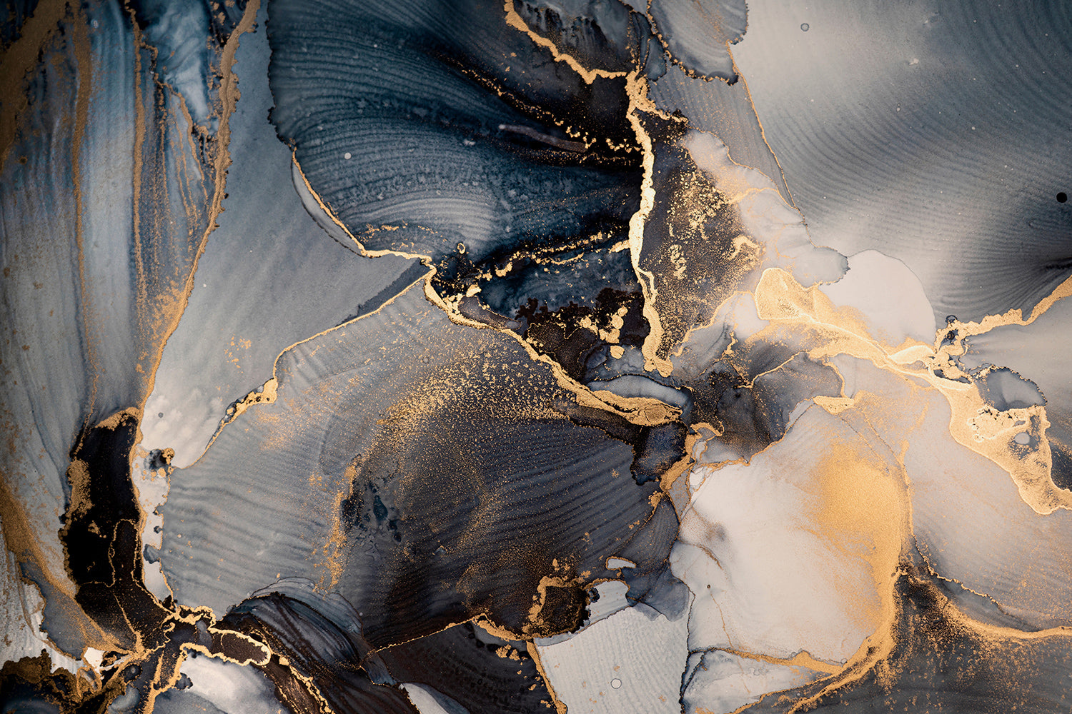 Mixture of dark blue, gray and gold paints, Imitation of marble stone cut, glowing golden veins, Tender and dreamy design,, Canvas Print