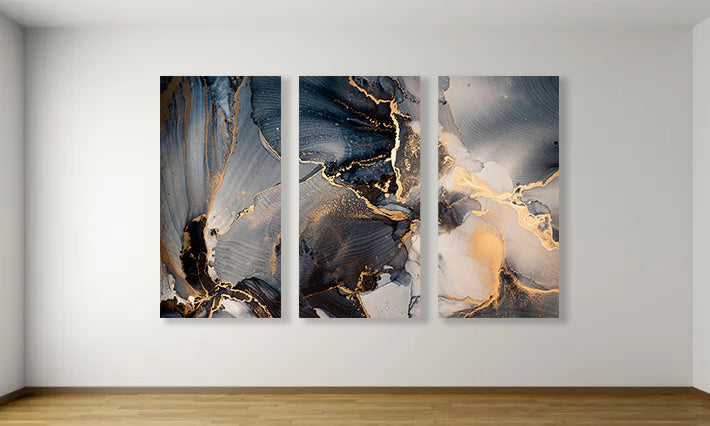 Mixture of dark blue, gray and gold paints, Imitation of marble stone cut, glowing golden veins, Tender and dreamy design,, Canvas Print