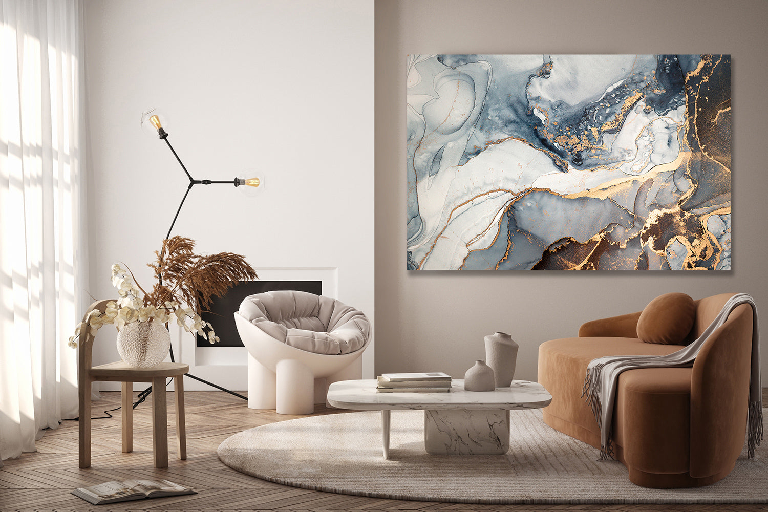 Mixture of dark blue, brown, gray and gold paints, Imitation of marble stone cut, glowing golden veins, Tender and dreamy design,, Canvas Print
