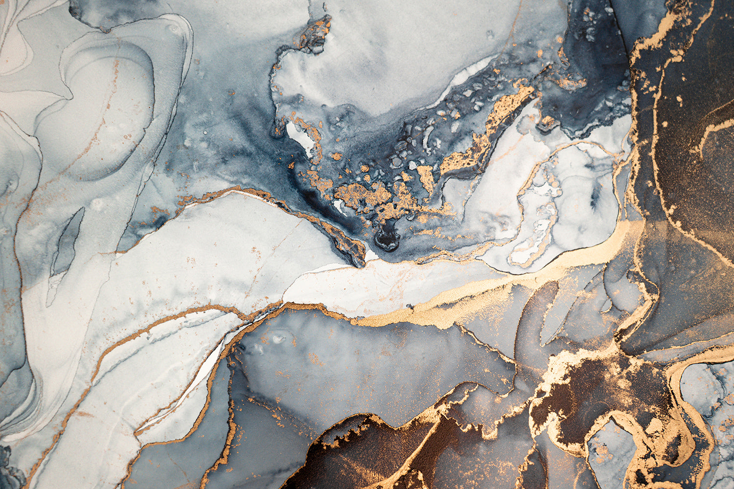 Mixture of dark blue, brown, gray and gold paints, Imitation of marble stone cut, glowing golden veins, Tender and dreamy design,, Canvas Print