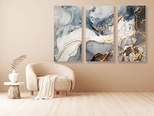 Mixture of dark blue, brown, gray and gold paints, Imitation of marble stone cut, glowing golden veins, Tender and dreamy design,, Canvas Print