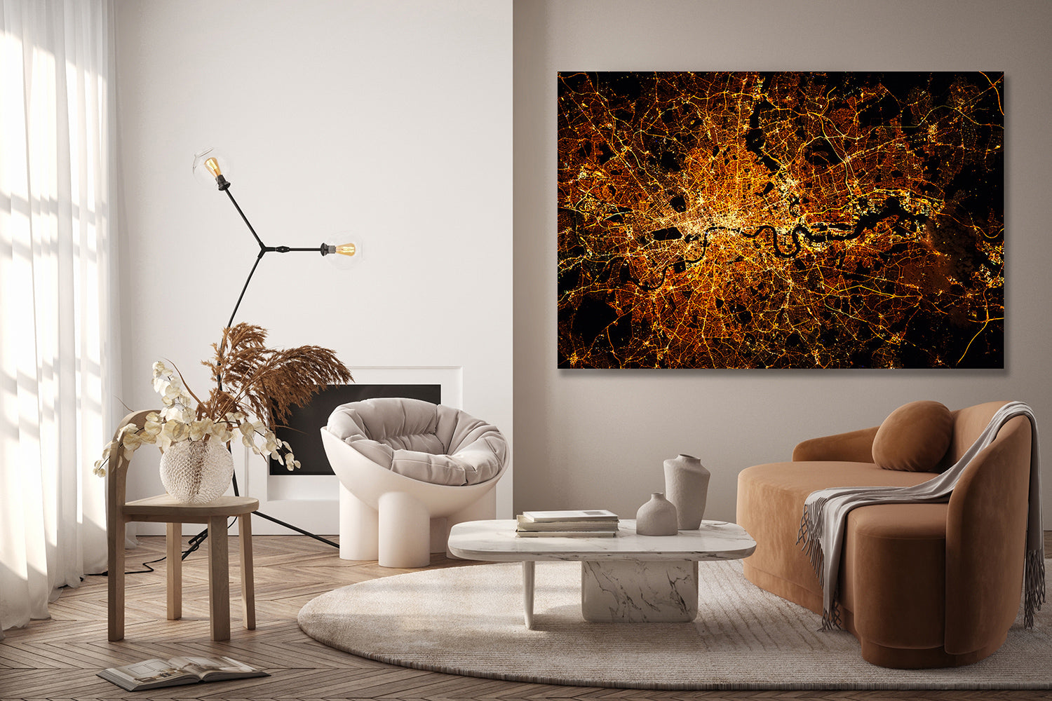 LONDON city lights map at night. Satellite view. Aerial view of London, Canvas