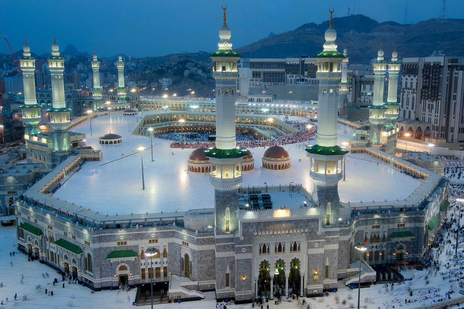 Prayer and Tawaf of Muslims Around AlKaaba in Mecca, Saudi Arabia, Aerial Top View