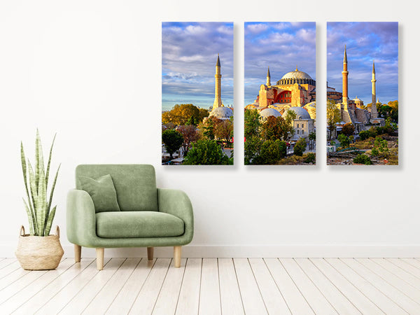 Hagia Sophia domes and minarets in the old town of Istanbul, Turkey, on sunset