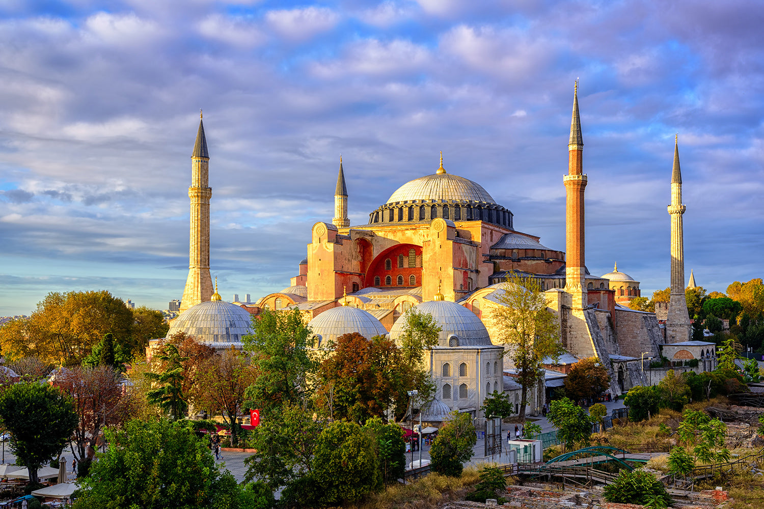 Hagia Sophia domes and minarets in the old town of Istanbul, Turkey, on sunset