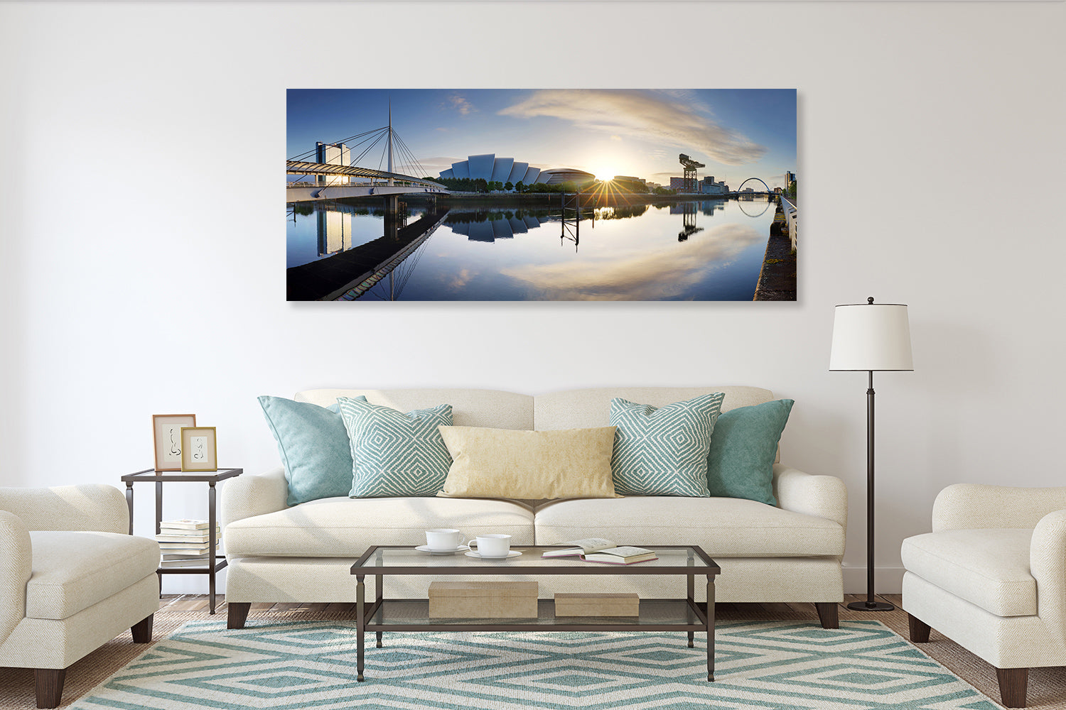 Glasgow Cityscape at sunrise, skyline panorama with reflecion in river with sun, Scotland - UK, Canvas Wall Art