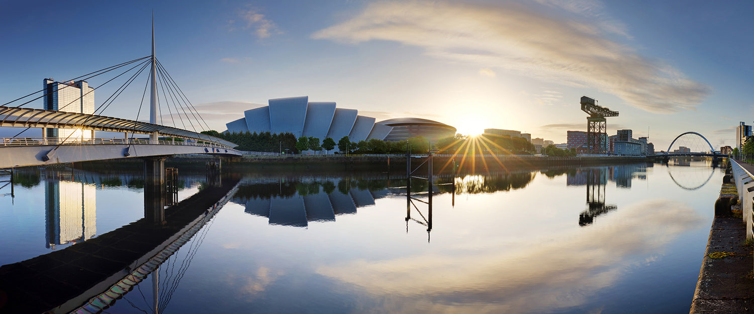 Glasgow Cityscape at sunrise, skyline panorama with reflecion in river with sun, Scotland - UK, Canvas Wall Art