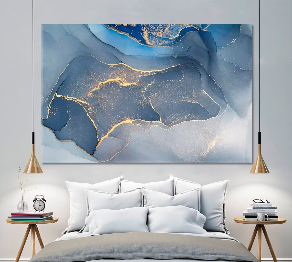 Abstract Canvas Print - Blue, Gold & Grey Marble Wall Art