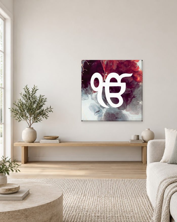 Ek Onkar Wall Art - Red and Purple Ink Sikh Symbol Square Canvas - Gallery Canvas - 38mm / 30 x 30 preview