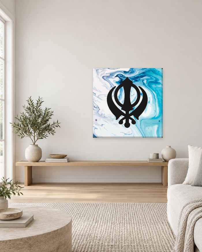 Khanda Wall Art - Blue and White Marble Sikh Symbol Square Canvas - Gallery Canvas - 38mm / 30 x 30 preview