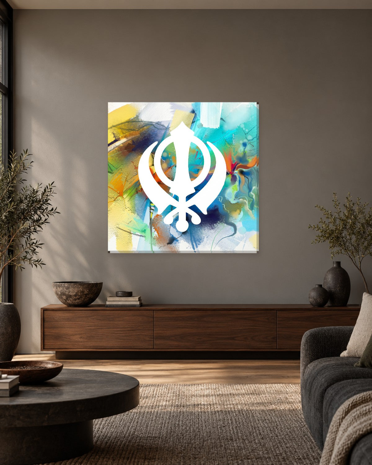 Khanda Wall Art - Colourful Brushstroke Sikh Symbol Square Canvas - Gallery Canvas - 38mm / 30 x 30 preview
