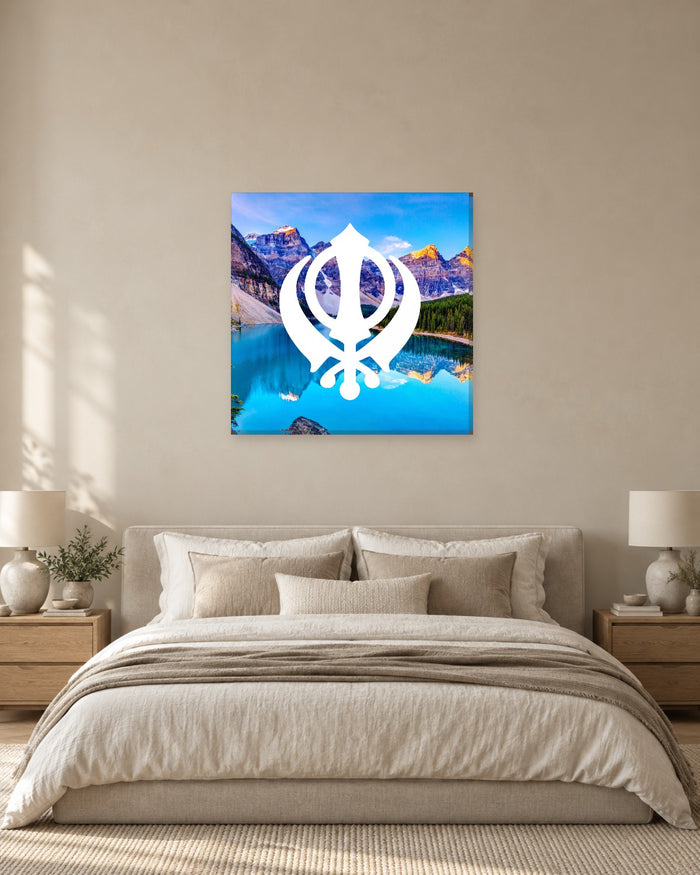 Khanda Wall Art - Turquoise Mountain Lake Sikh Symbol Square Canvas - Gallery Canvas - 38mm / 30 x 30 preview
