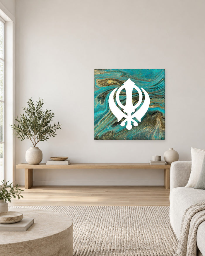 Khanda Wall Art - Green and Gold Marble Sikh Symbol Square Canvas - Gallery Canvas - 38mm / 30 x 30 preview