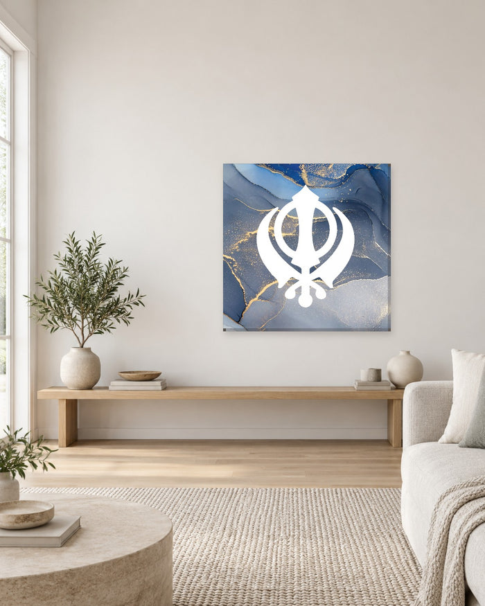 Khanda Wall Art - Grey Blue Marble with Gold Sikh Symbol Square Canvas - Gallery Canvas - 38mm / 30 x 30 preview