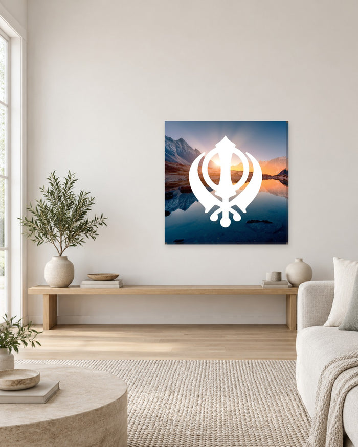 Khanda Wall Art - Mountain Lake at Sunrise Sikh Symbol Square Canvas - Gallery Canvas - 38mm / 30 x 30 preview