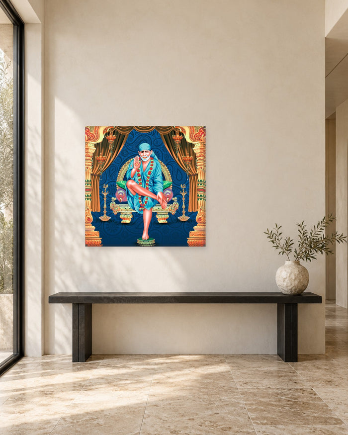 Shirdi Sai Baba Wall Art - Sai Baba on a Golden Throne, Blue and Gold Square Canvas - Gallery Canvas - 38mm / 30 x 30 preview