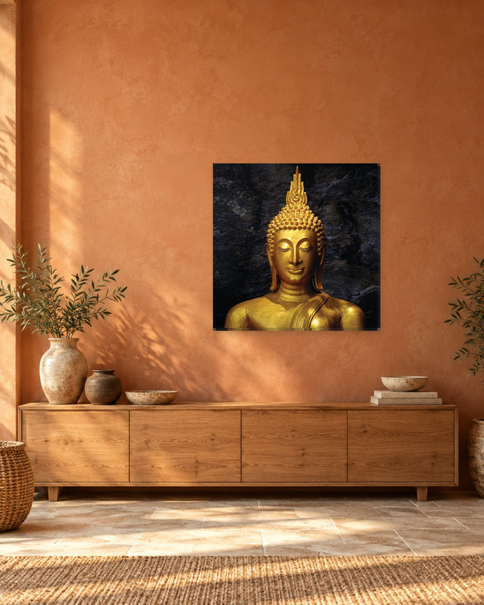 Buddha Wall Art - Golden Buddha Statue on Dark Stone Square Canvas - Gallery Canvas - 38mm / 30 x 30 preview