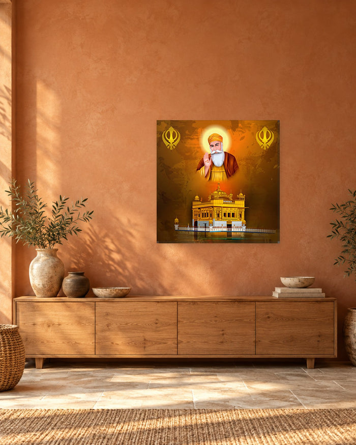 Guru Nanak Wall Art - Golden Temple and Khanda on Amber Square Canvas - Gallery Canvas - 38mm / 30 x 30 preview