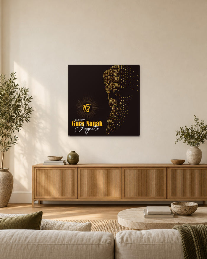 Guru Nanak Wall Art - Ek Onkar Sun Rays and Gold Portrait on Black Square Canvas - Gallery Canvas - 38mm / 30 x 30 preview