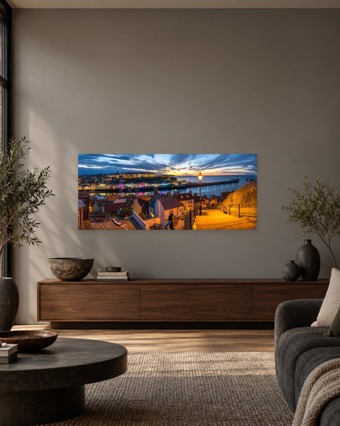 Whitby 199 Steps Panoramic Canvas Wall Art - Harbour View at Dusk, North Yorkshire - Gallery Canvas - 38mm / 48 x 20 preview