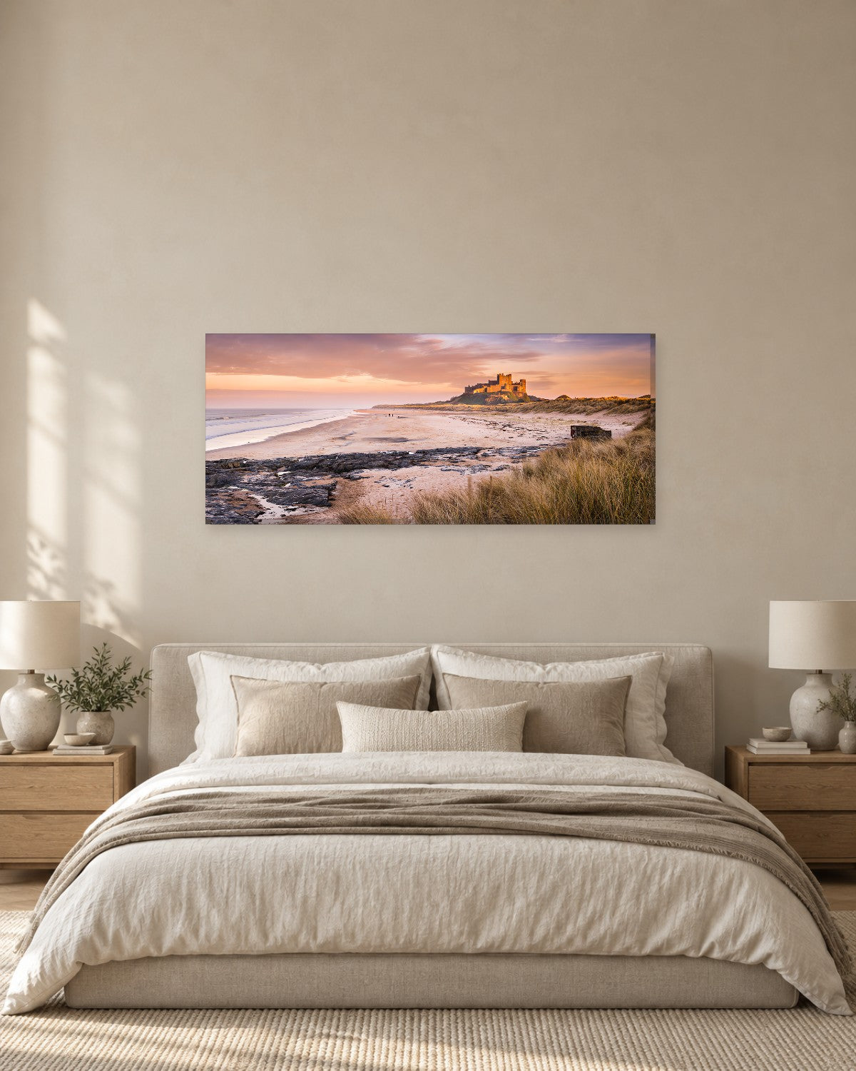 Bamburgh Castle Panoramic Canvas Wall Art - Northumberland Beach under a Pink Sky - Gallery Canvas - 38mm / 48 x 20 preview