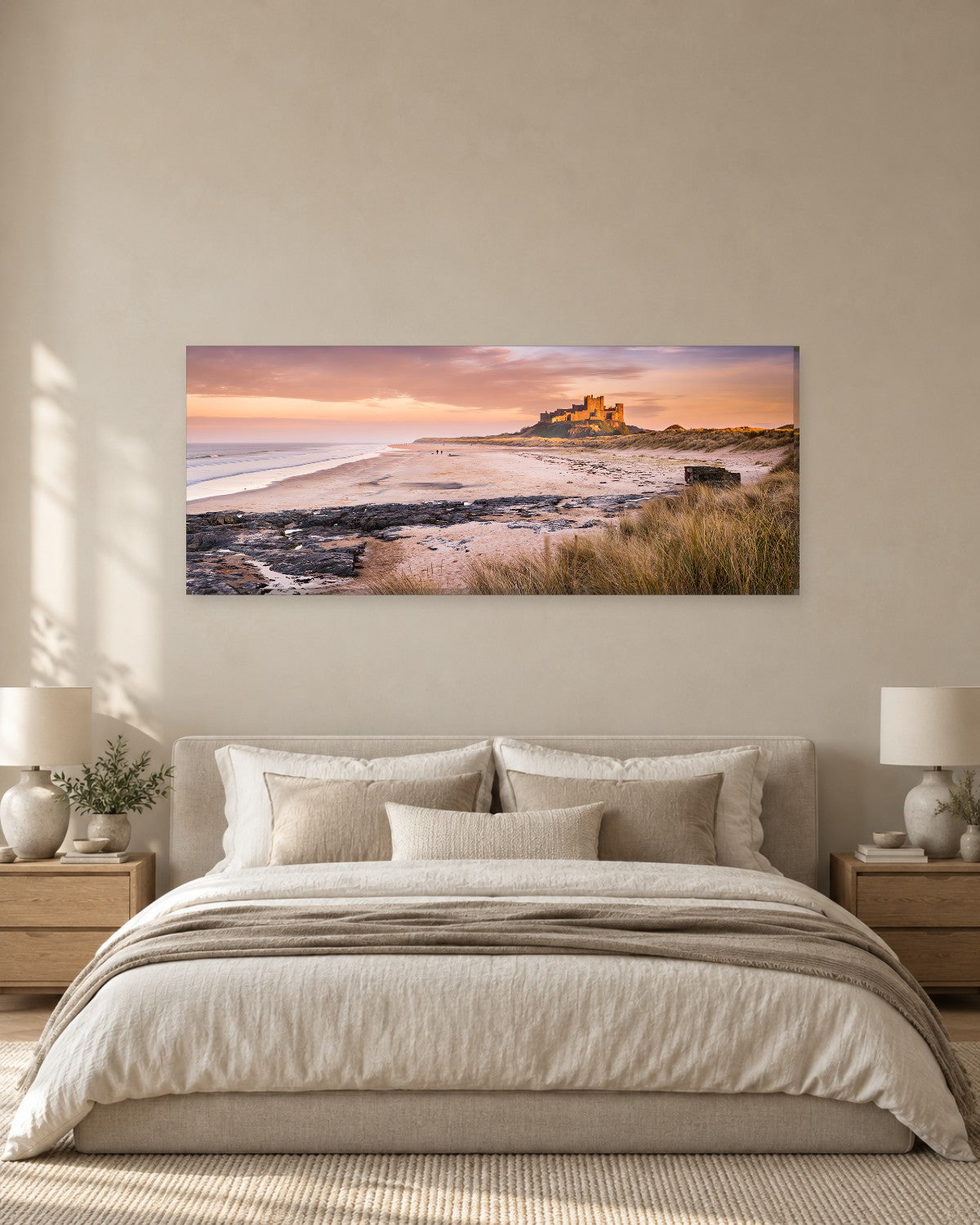Bamburgh Castle Panoramic Canvas Wall Art - Northumberland Beach under a Pink Sky - Gallery Canvas - 38mm / 48 x 20 preview