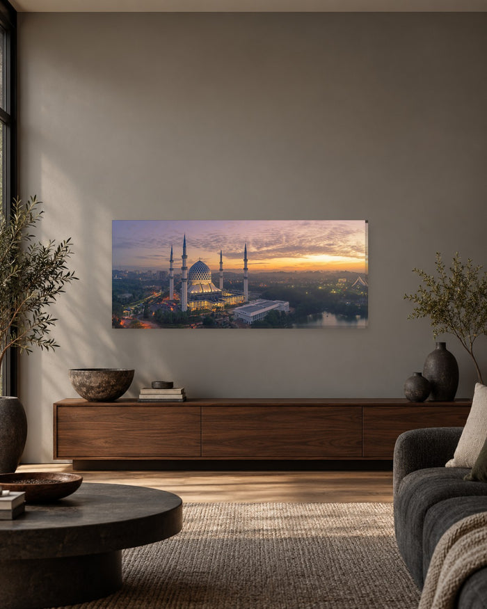 Blue Mosque Panoramic Canvas Wall Art - Shah Alam, Malaysia under a Golden Sky - Gallery Canvas - 38mm / 48 x 20 preview