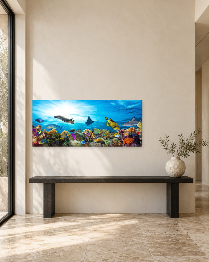 Coral Reef Panoramic Canvas Wall Art - Sea Turtle, Ray and Tropical Fish Underwater - Gallery Canvas - 38mm / 48 x 20 preview