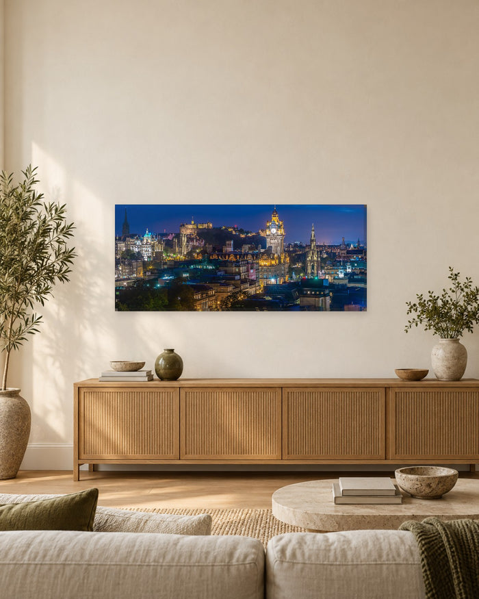 Edinburgh Skyline Panoramic Canvas Wall Art - Castle and City Lights at Night, Scotland - Gallery Canvas - 38mm / 48 x 20 preview